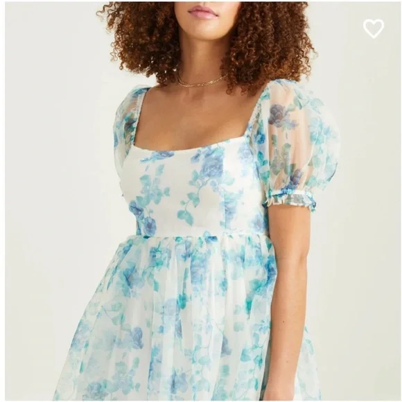 2023 Altar’d State Melanie Floral Dress Ivory Blue Floral Sheer Overlay Size XS - Picture 2 of 7